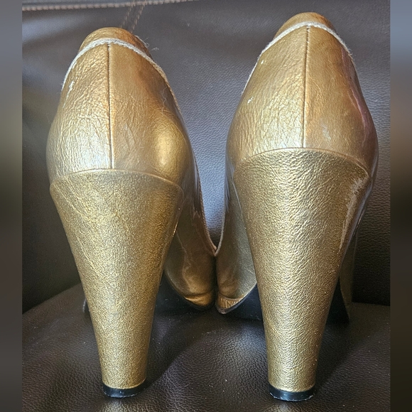 Marc Jacobs Gold Leather Peep Toe Bow Pumps Open Toe Chunky High Heels Size 37 6 - Picture 7 of 16